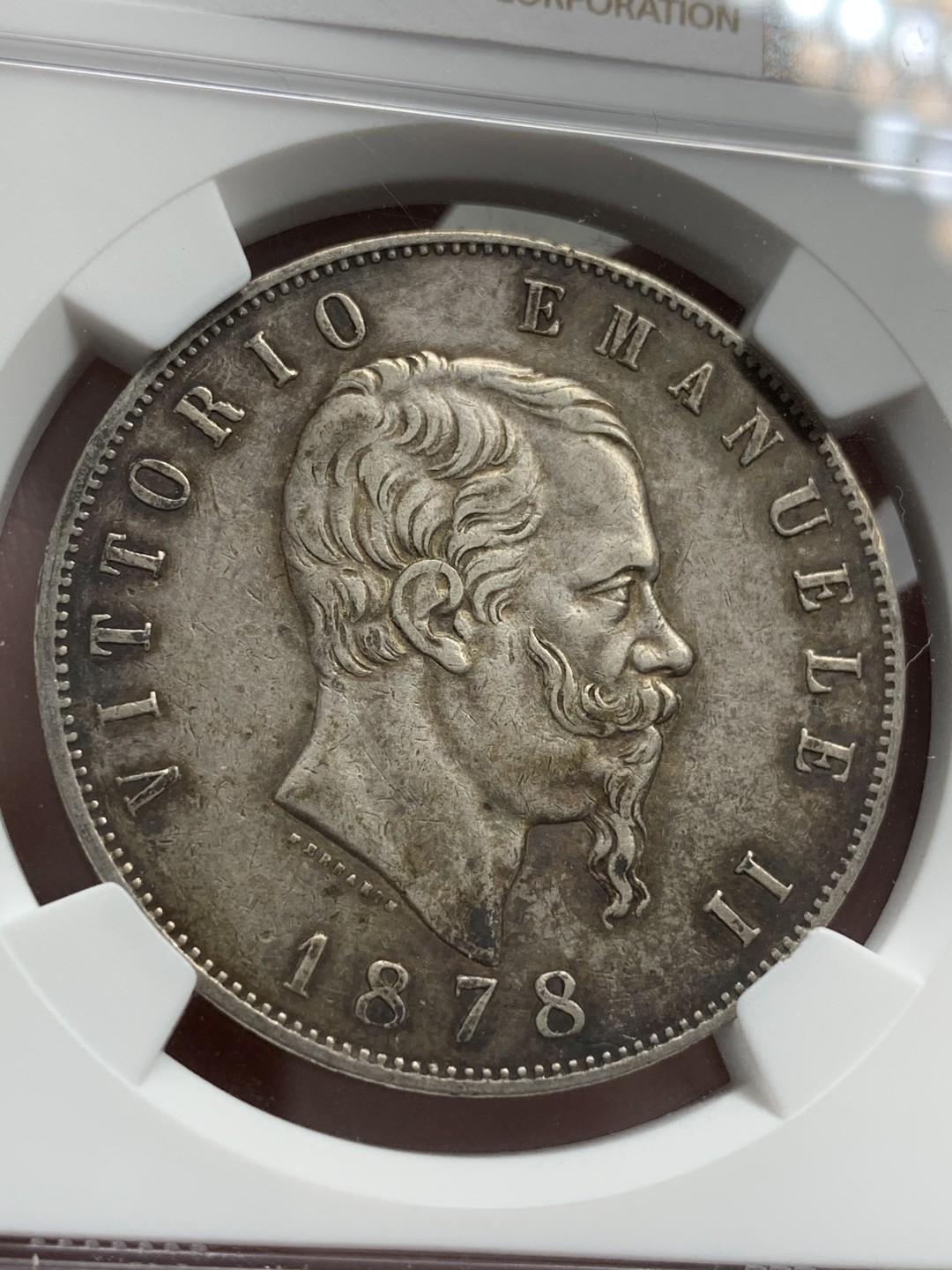 《竞宝斋》第71场-本周日，周一2场连拍（全场不限金额包邮） NGC AU好品相 意大利 1878年埃马努埃莱二世五里拉银币