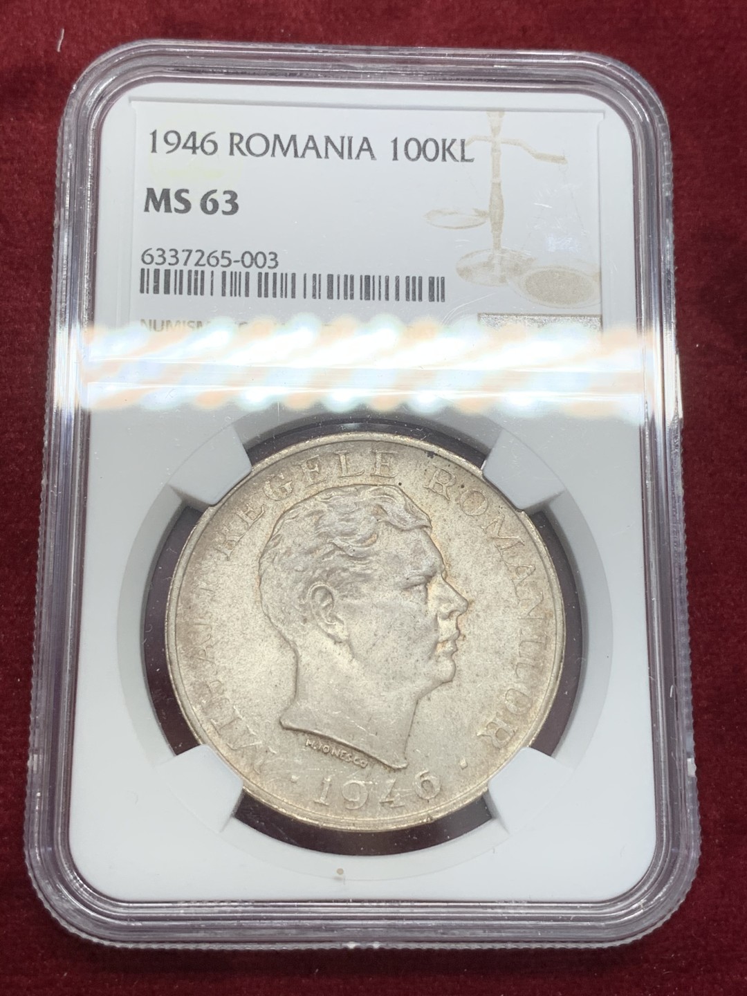 《竞宝斋》第71场-本周日，周一2场连拍（全场不限金额包邮） NGC-MS63 罗马尼亚 1946年 100000列伊 大银币 粉光好品 非常漂亮