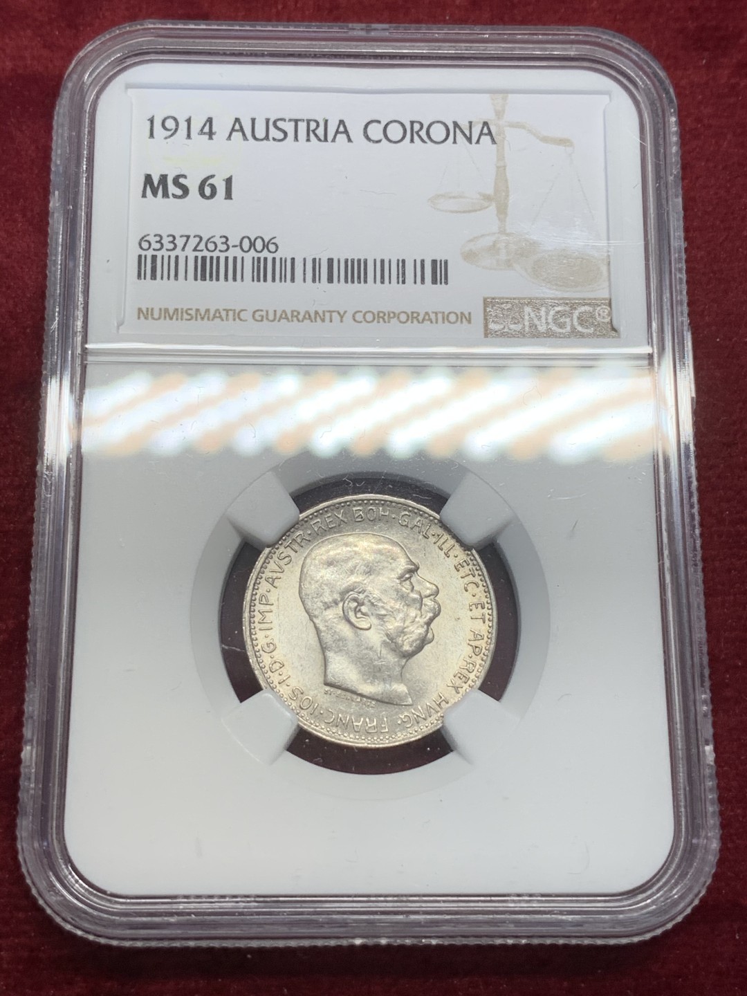 《竞宝斋》第71场-本周日，周一2场连拍（全场不限金额包邮） NGC-MS61 奥地利 1914年 佛兰茨约瑟夫一世 1克朗原光银币 年份算早一点 好品较少