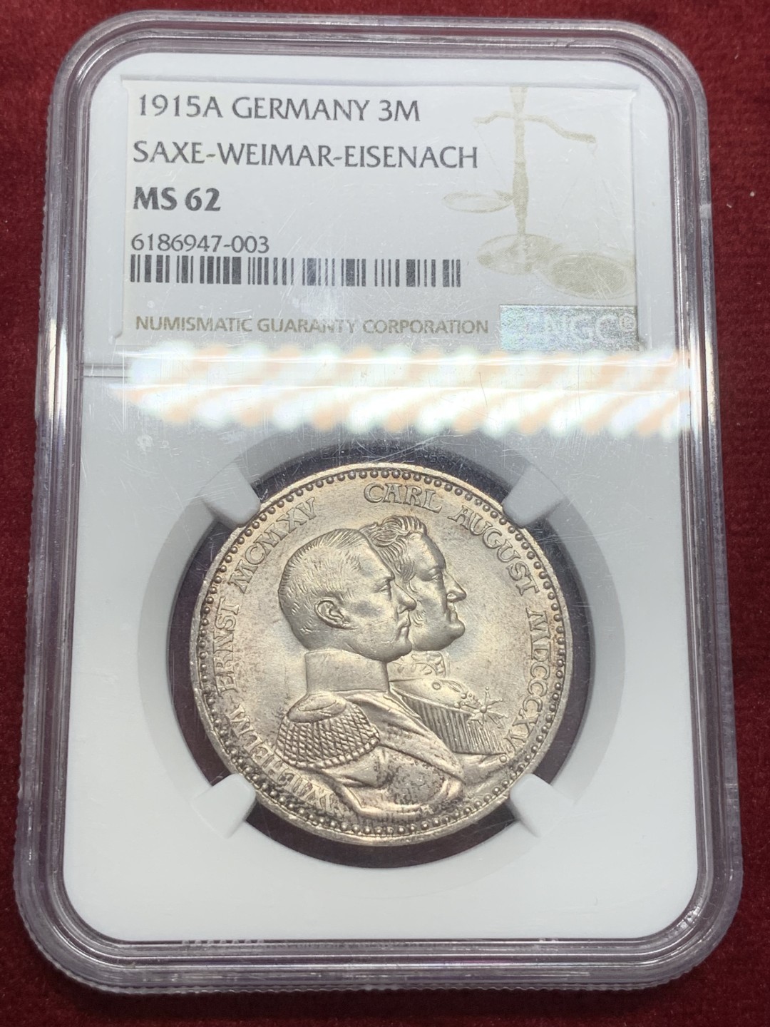 《竞宝斋》第71场-本周日，周一2场连拍（全场不限金额包邮） NGC MS62 德国 1915年 萨克森-魏玛爱森纳赫 3马克银币少见品种 淡彩包浆
