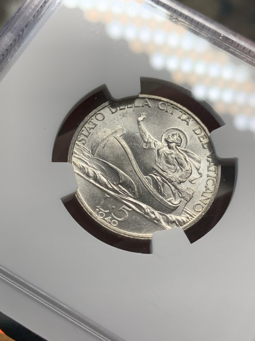 《竞宝斋》第71场-本周日，周一2场连拍（全场不限金额包邮） NGC-MS63 梵蒂冈 1940年 小船 5里拉 原光好品银币