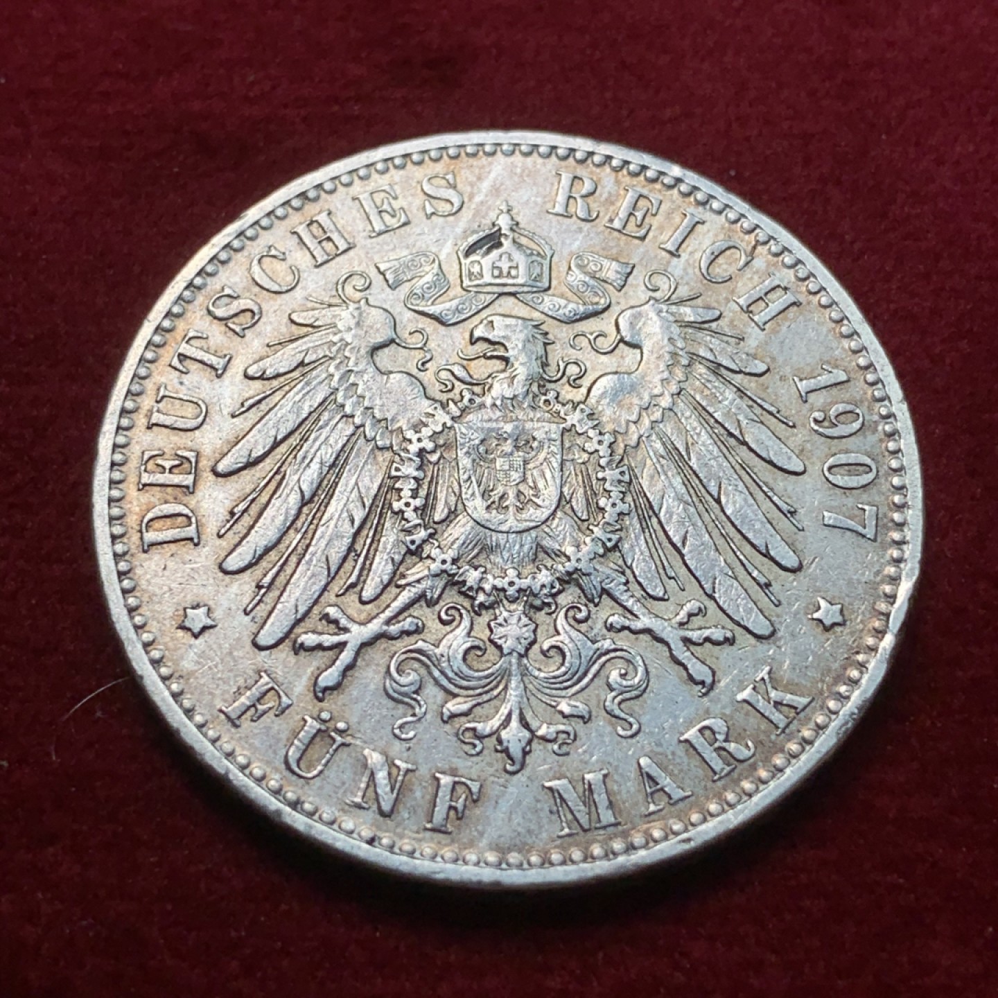 《竞宝斋》第71场-本周日，周一2场连拍（全场不限金额包邮） 德国 1907年 汉堡 双狮5马克 大银币 上涨品种 细节见图