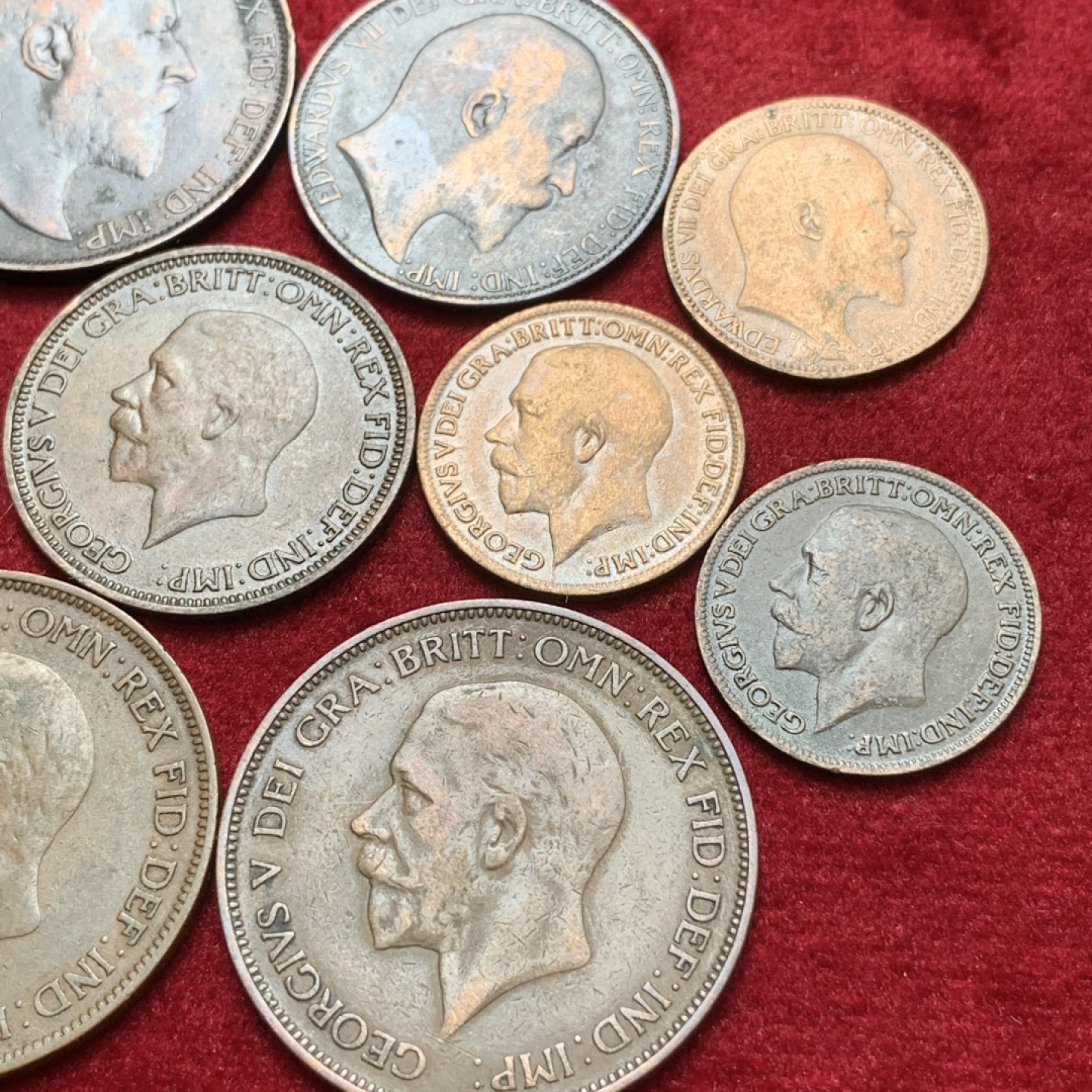 《竞宝斋》第71场-本周日，周一2场连拍（全场不限金额包邮） 原味好品 英国爱德华七世&乔治五世铜板9枚 1法新/半便士/1便士3套 细节不错