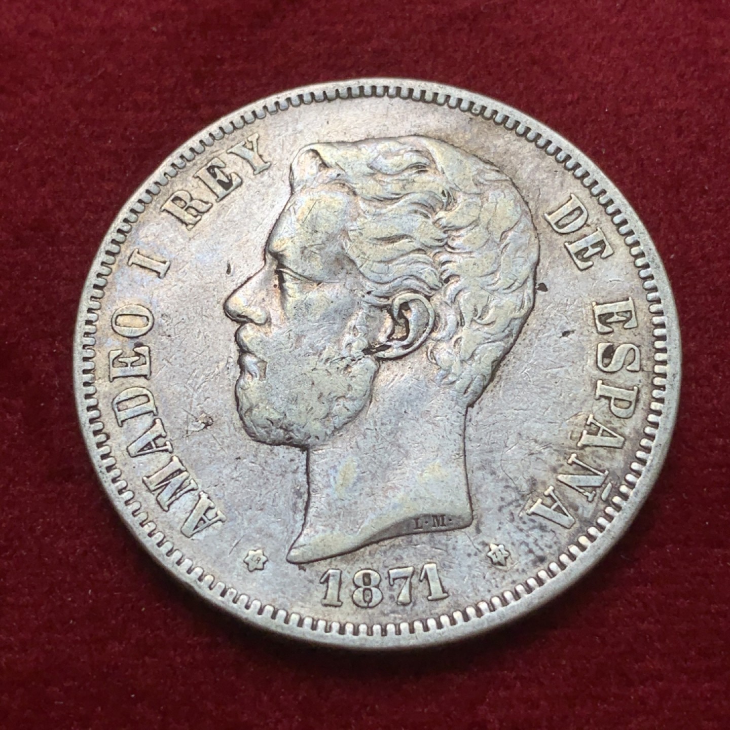 《竞宝斋》第71场-本周日，周一2场连拍（全场不限金额包邮） 西班牙 1871年 阿玛迪奥一世 5比塞塔 大银币 原味包浆