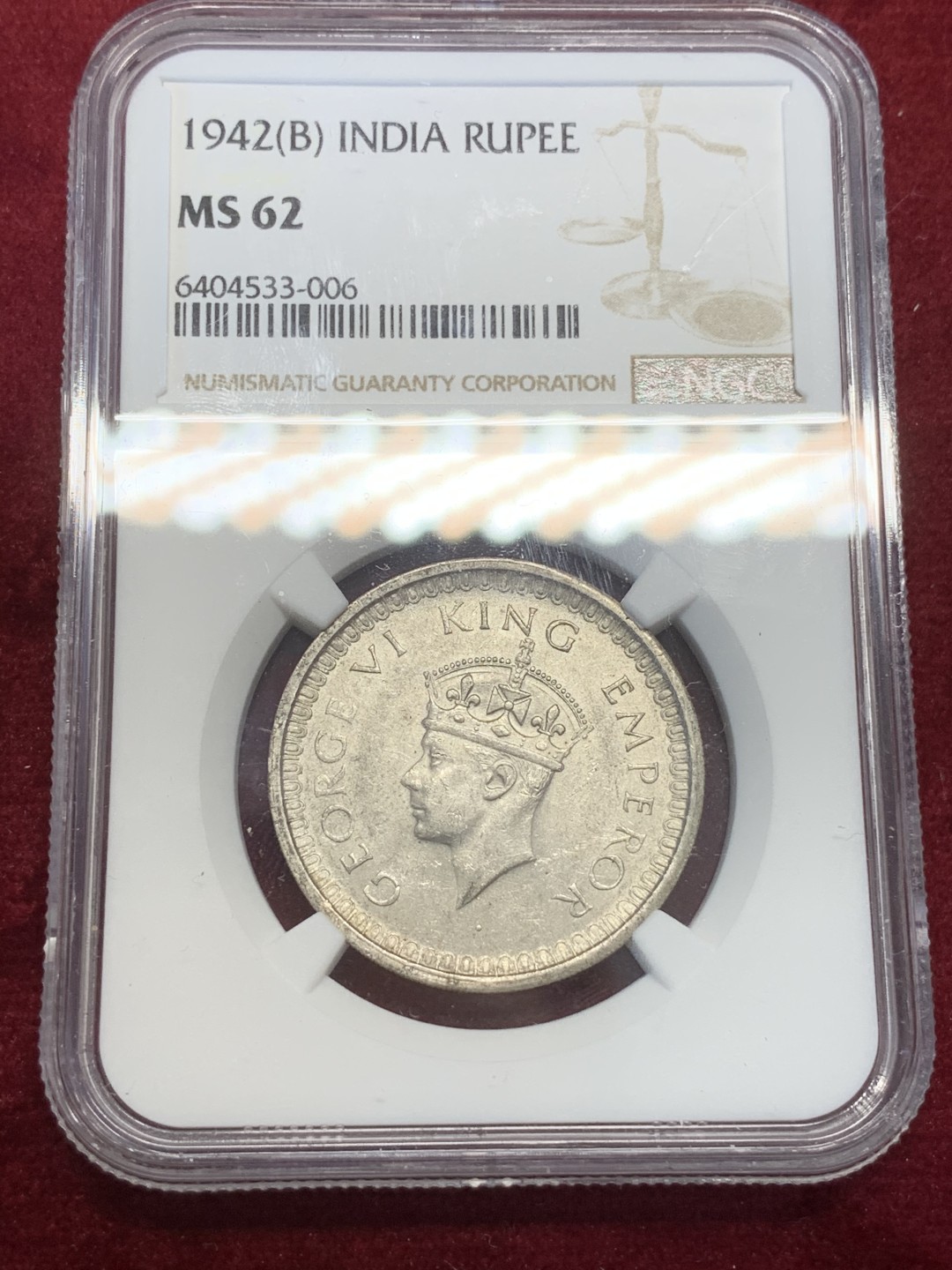 《竞宝斋》第71场-本周日，周一2场连拍（全场不限金额包邮） NGC-MS62 印度 1942-B年 乔六 1卢比 原光好品 银币