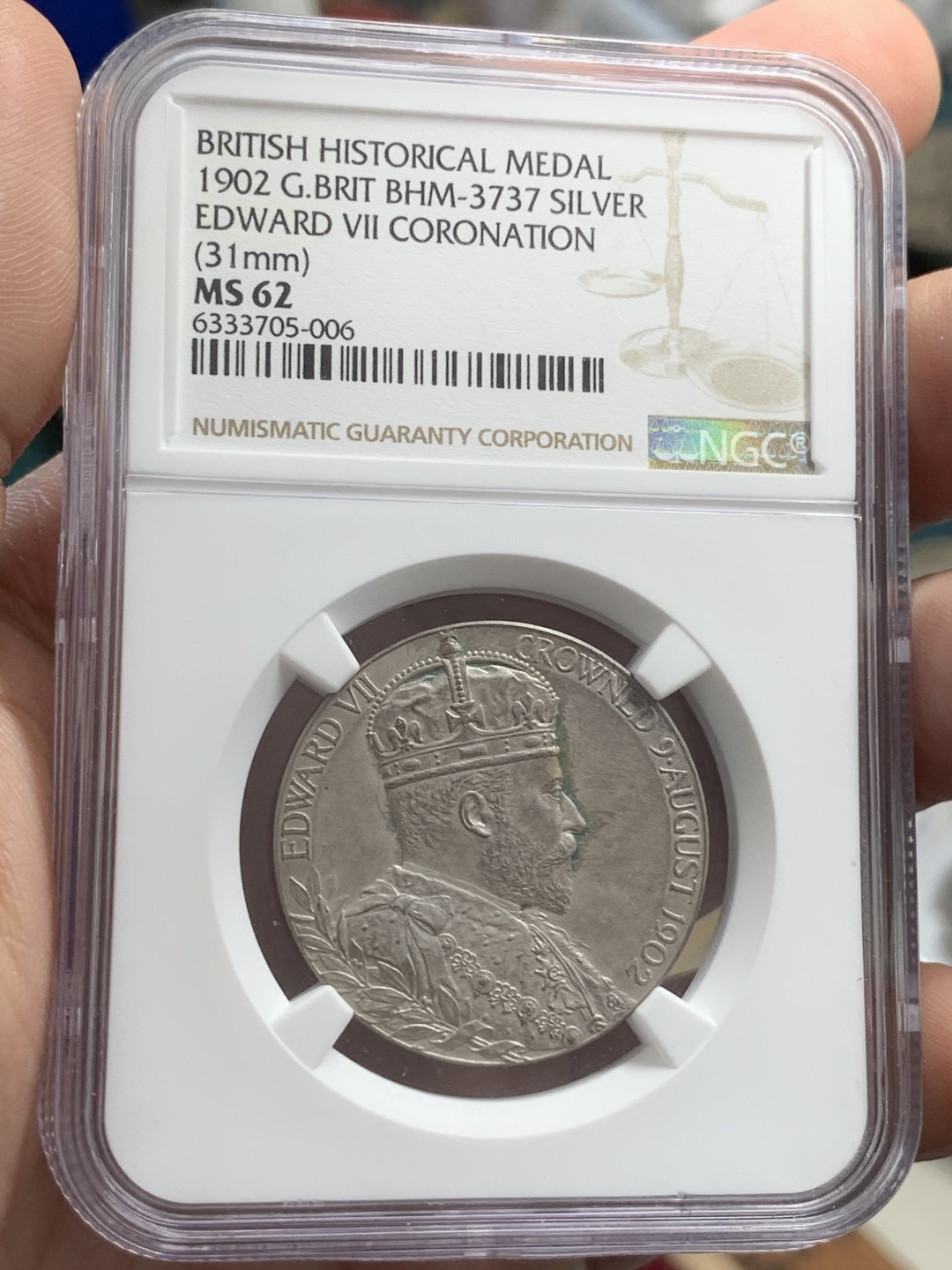 《竞宝斋》第71场-本周日，周一2场连拍（全场不限金额包邮） NGC-MS62 英国1902 爱七加冕银章，原汁原味非常漂亮