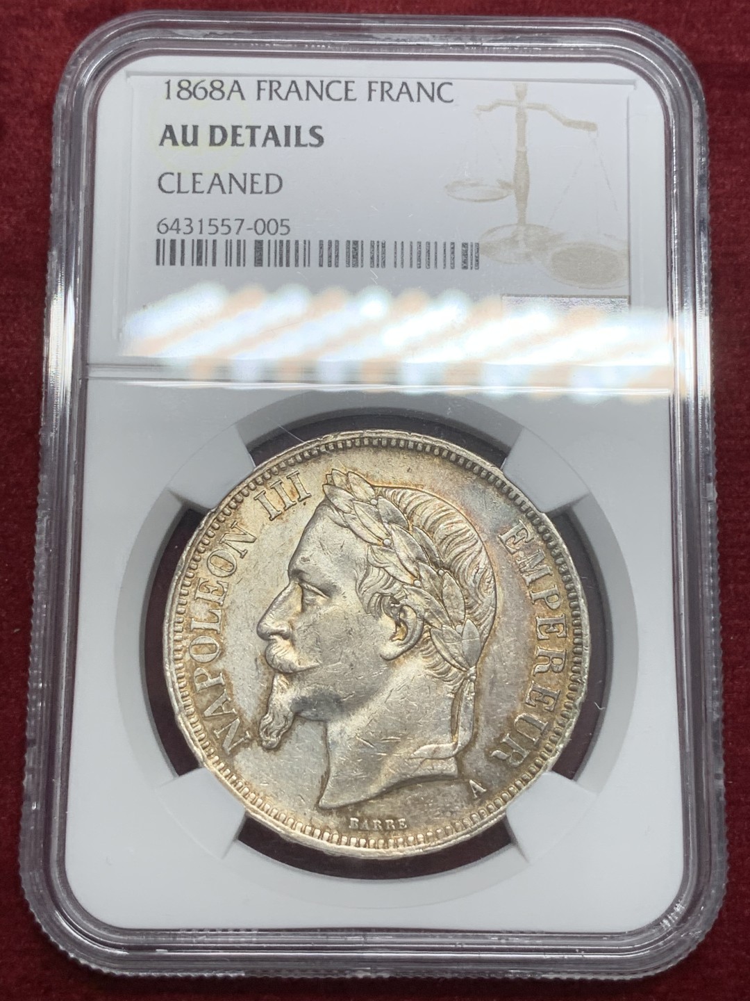 《竞宝斋》第71场-本周日，周一2场连拍（全场不限金额包邮） NGC-AUD 法国 1868年 5法郎 拿破仑三世 包浆不错