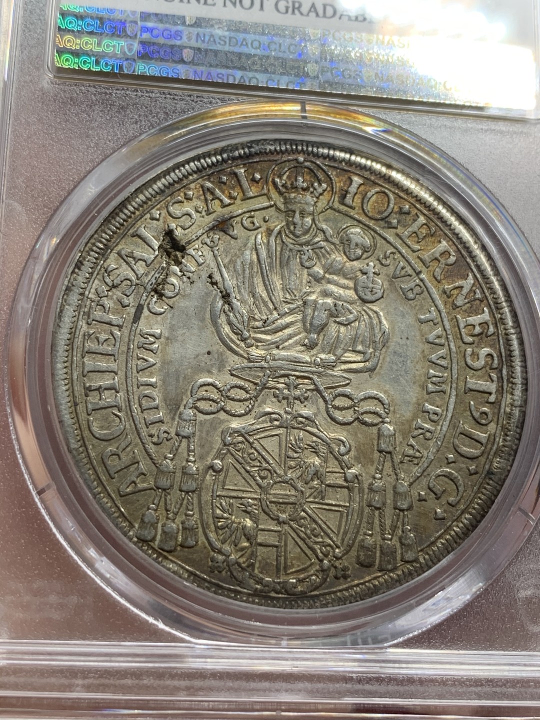 《竞宝斋》第71场-本周日，周一2场连拍（全场不限金额包邮） PCGS AU 奥地利1696/4年萨尔茨堡圣母抱婴骑字老泰勒银币 原味包浆 稀少骑字版本 好品好状态