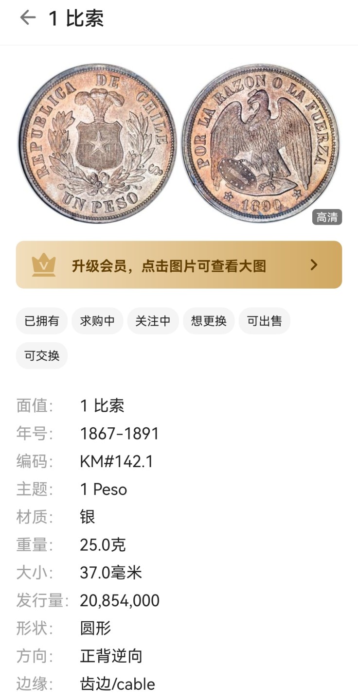 瓶子🏺第46期拍卖会 智利1878年秃鹫1比索大银币