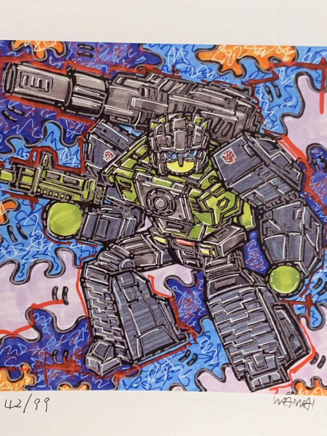 零元拍：歪歪亲笔签名 OWSON系列限量插画复制画《变形金刚系列：老顽固》，尺寸约22/22厘米，拍品不含镜框