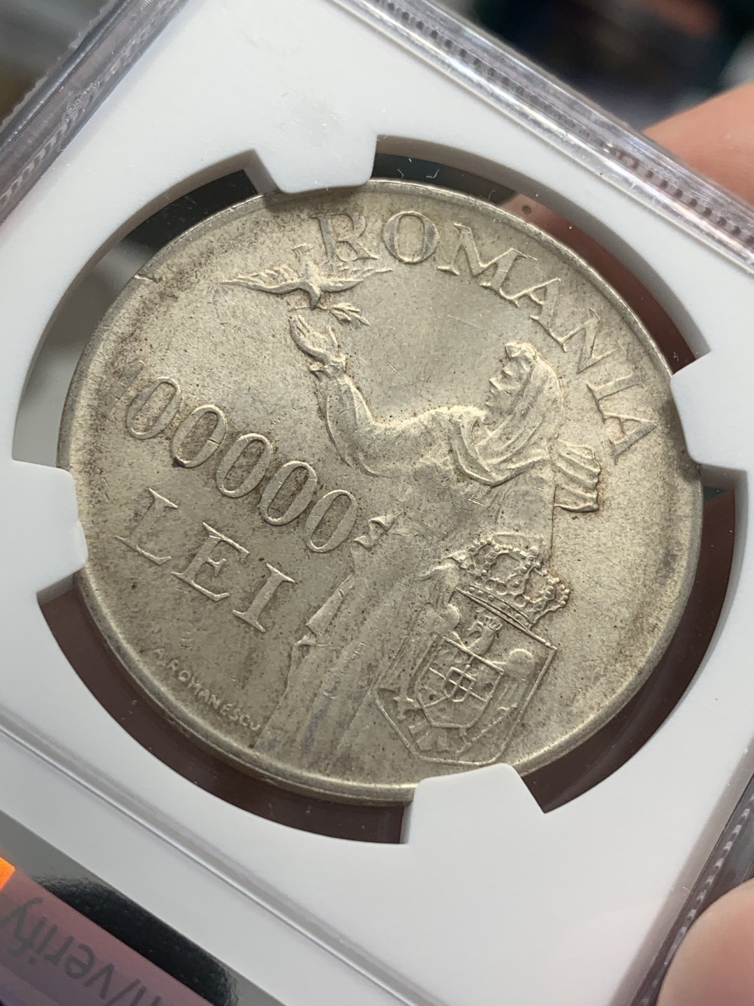 《竞宝斋》第71场-本周日，周一2场连拍（全场不限金额包邮） NGC-MS63 罗马尼亚 1946年 100000列伊 大银币 粉光好品 非常漂亮