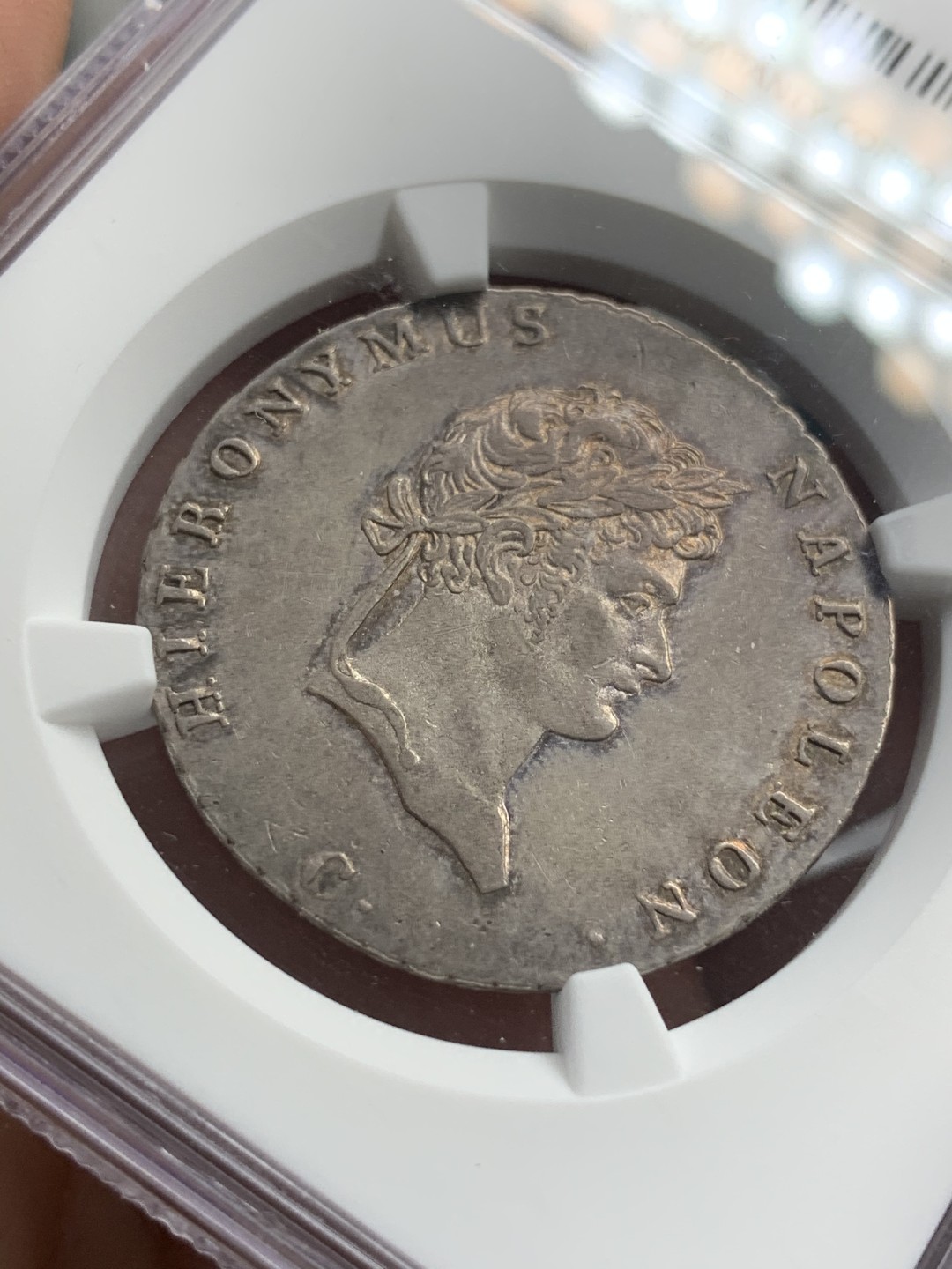 《竞宝斋》第71场-本周日，周一2场连拍（全场不限金额包邮） NGC-AU50  德国1813年 威斯特法伦 2/3泰勒银币 热罗姆·波拿巴 拿破仑最小的弟弟  少见品种，双面淡金色包浆