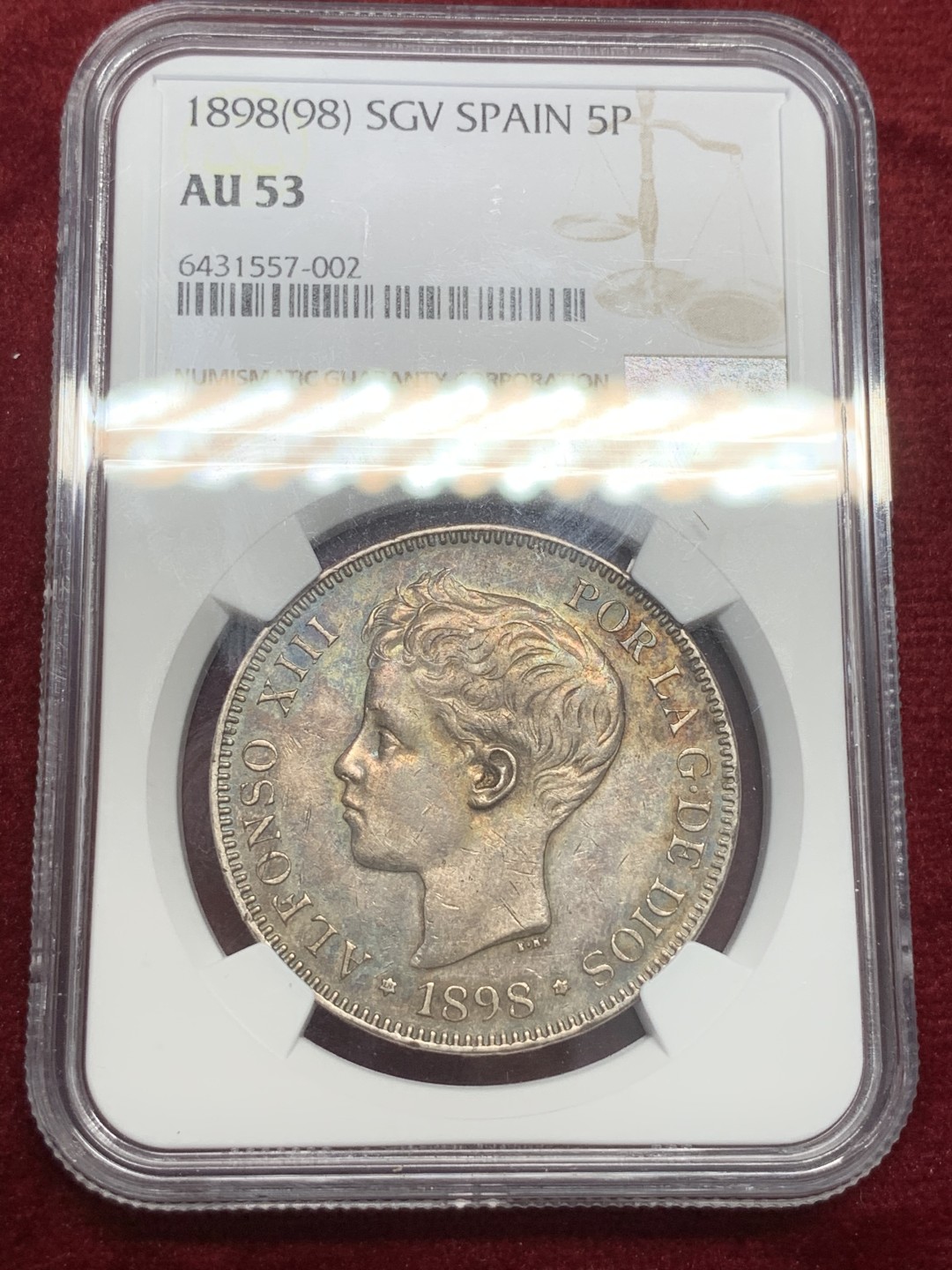 《竞宝斋》第71场-本周日，周一2场连拍（全场不限金额包邮） NGC-AU53 西班牙 1898年 5比萨塔 阿方索十三世 包浆诱人