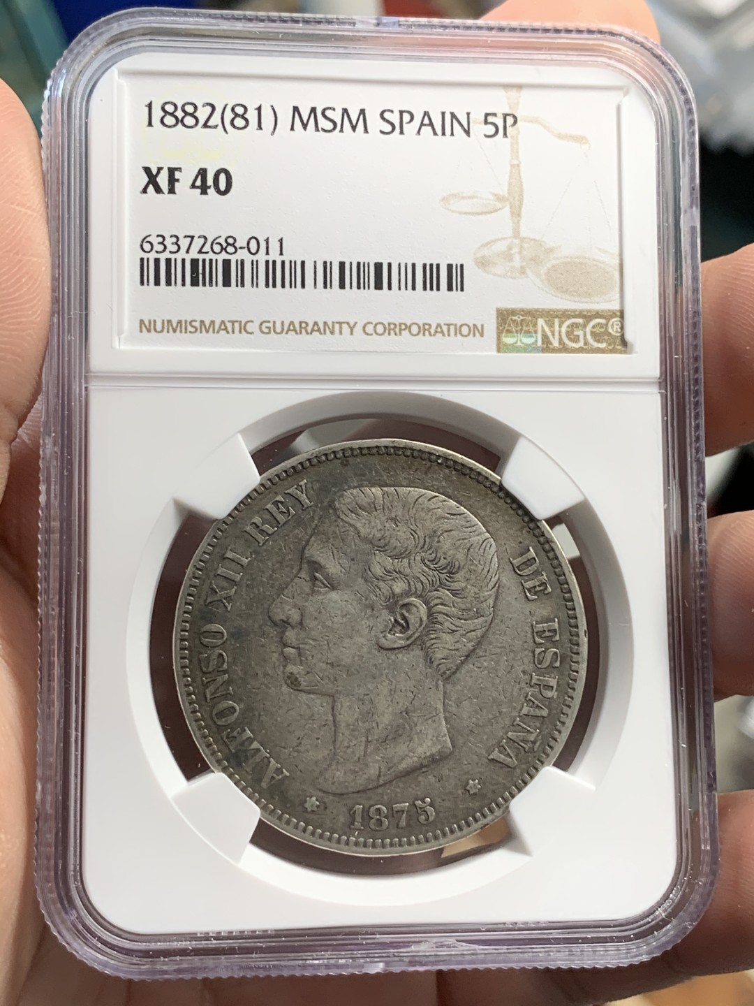 《竞宝斋》第71场-本周日，周一2场连拍（全场不限金额包邮） NGC-XF40 西班牙 1875年 阿方索十二世 5比塞塔 大银币 NGC年份看错了