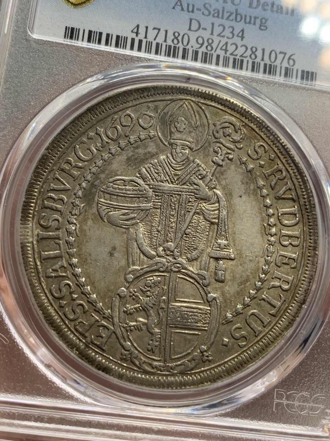 《竞宝斋》第71场-本周日，周一2场连拍（全场不限金额包邮） PCGS AU 奥地利1696/4年萨尔茨堡圣母抱婴骑字老泰勒银币 原味包浆 稀少骑字版本 好品好状态