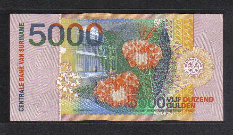 苏里南2000年5000盾 双尾44 克劳斯P-152 美洲纸币 实物图 UNC