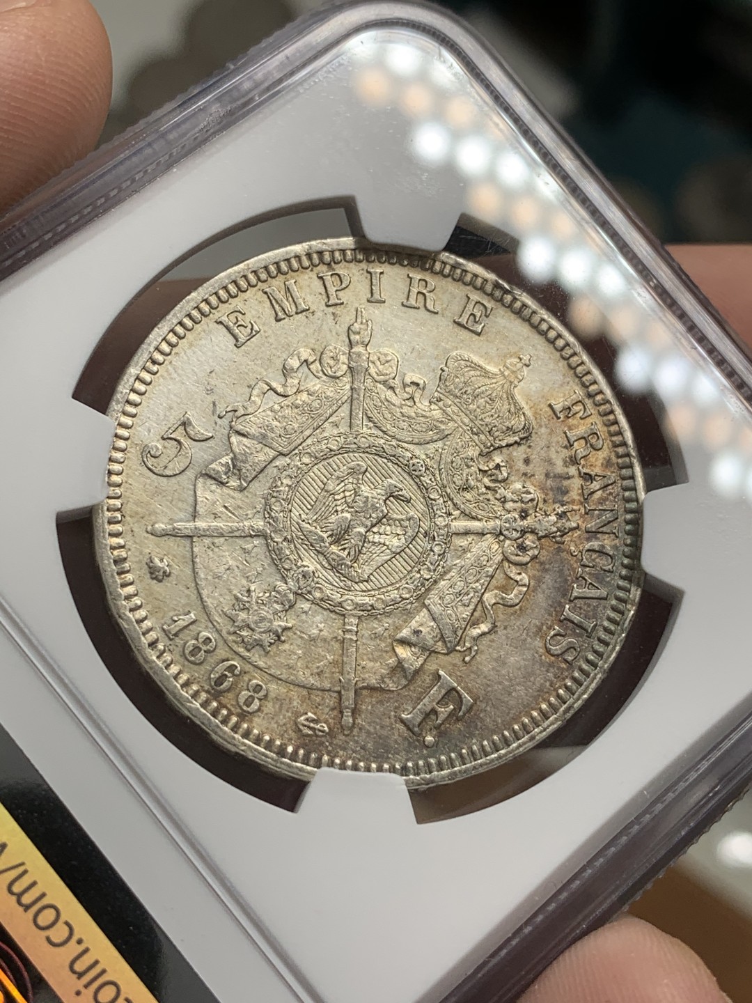 《竞宝斋》第71场-本周日，周一2场连拍（全场不限金额包邮） NGC-AUD 法国 1868年 5法郎 拿破仑三世 包浆不错