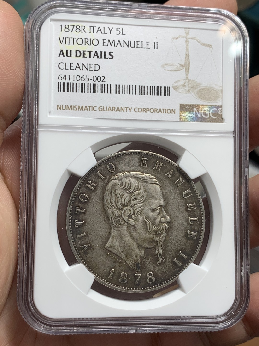 《竞宝斋》第71场-本周日，周一2场连拍（全场不限金额包邮） NGC AU好品相 意大利 1878年埃马努埃莱二世五里拉银币