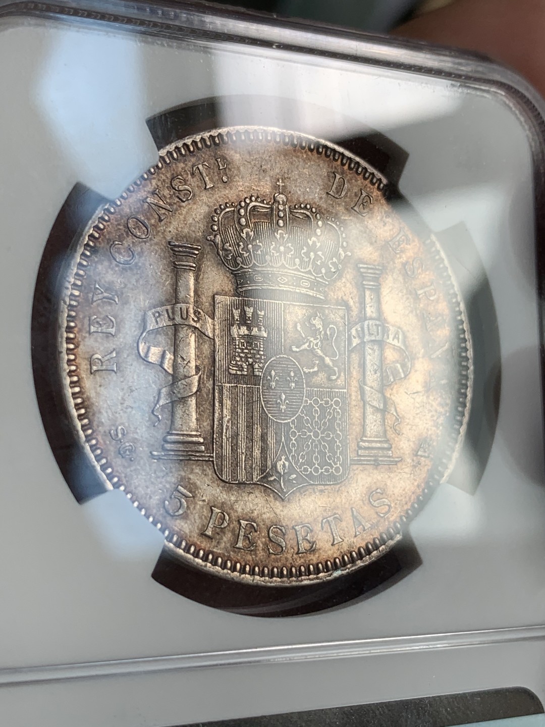 《竞宝斋》第71场-本周日，周一2场连拍（全场不限金额包邮） NGC-AU53 西班牙 1898年 5比萨塔 阿方索十三世 包浆诱人