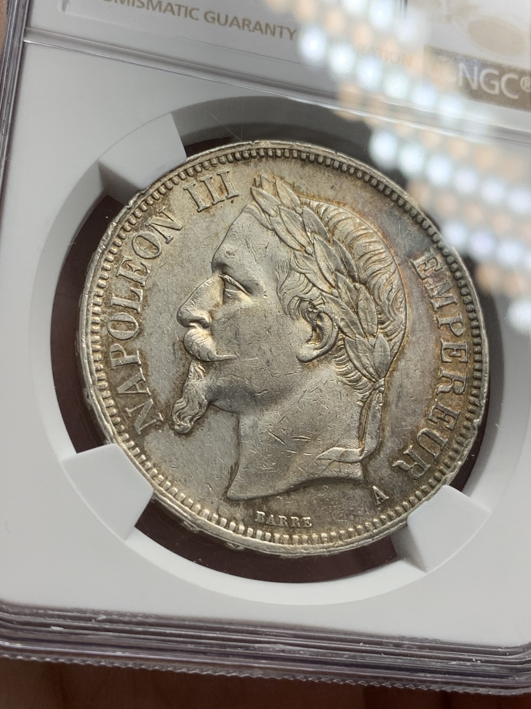 《竞宝斋》第71场-本周日，周一2场连拍（全场不限金额包邮） NGC-AUD 法国 1868年 5法郎 拿破仑三世 包浆不错