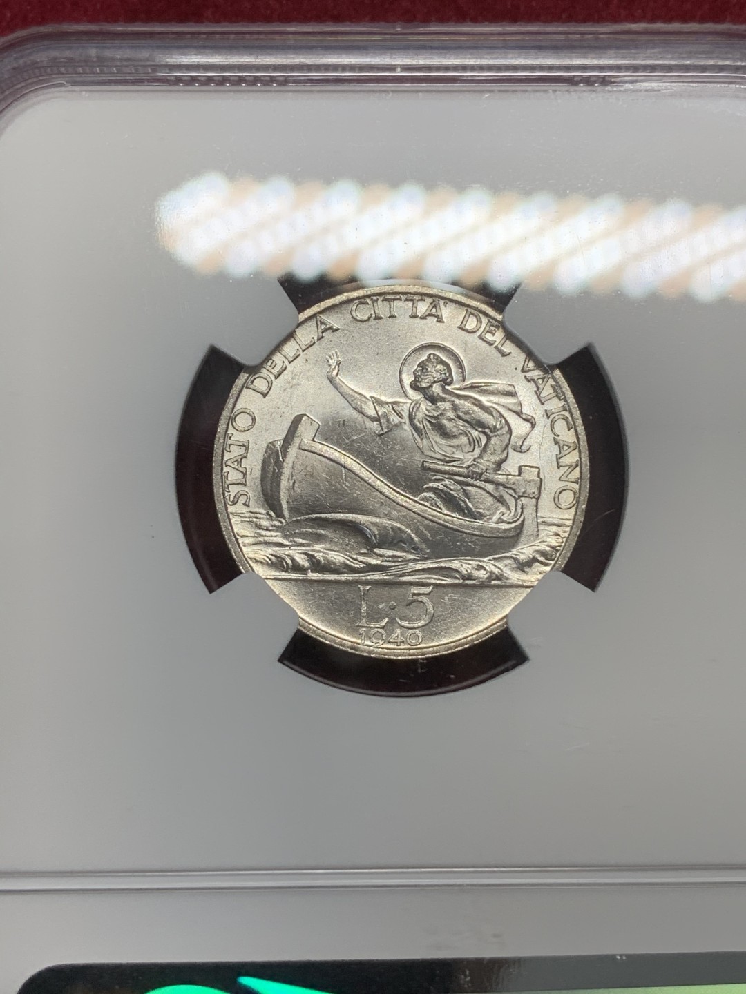 《竞宝斋》第71场-本周日，周一2场连拍（全场不限金额包邮） NGC-MS63 梵蒂冈 1940年 小船 5里拉 原光好品银币