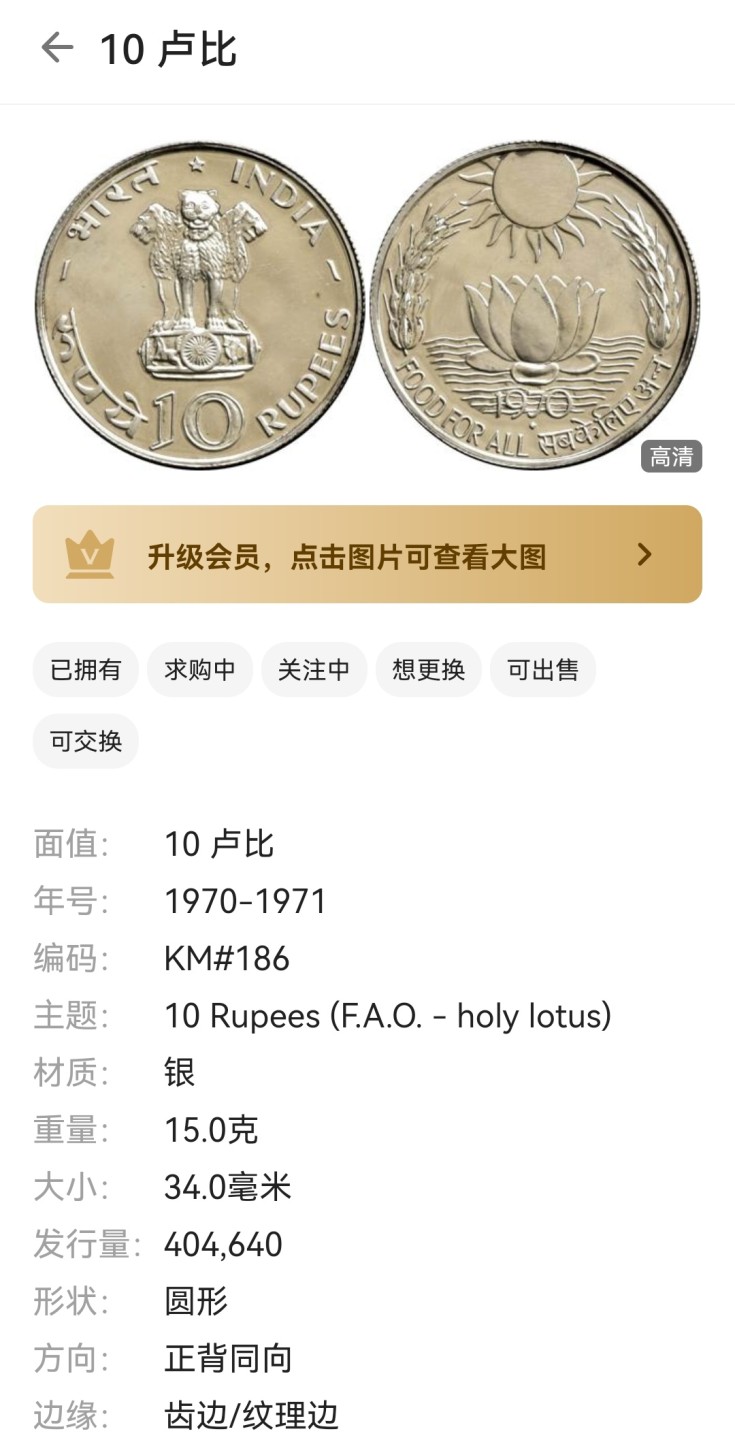 瓶子🏺第46期拍卖会 印度1970年10卢比FAO粮食日银币