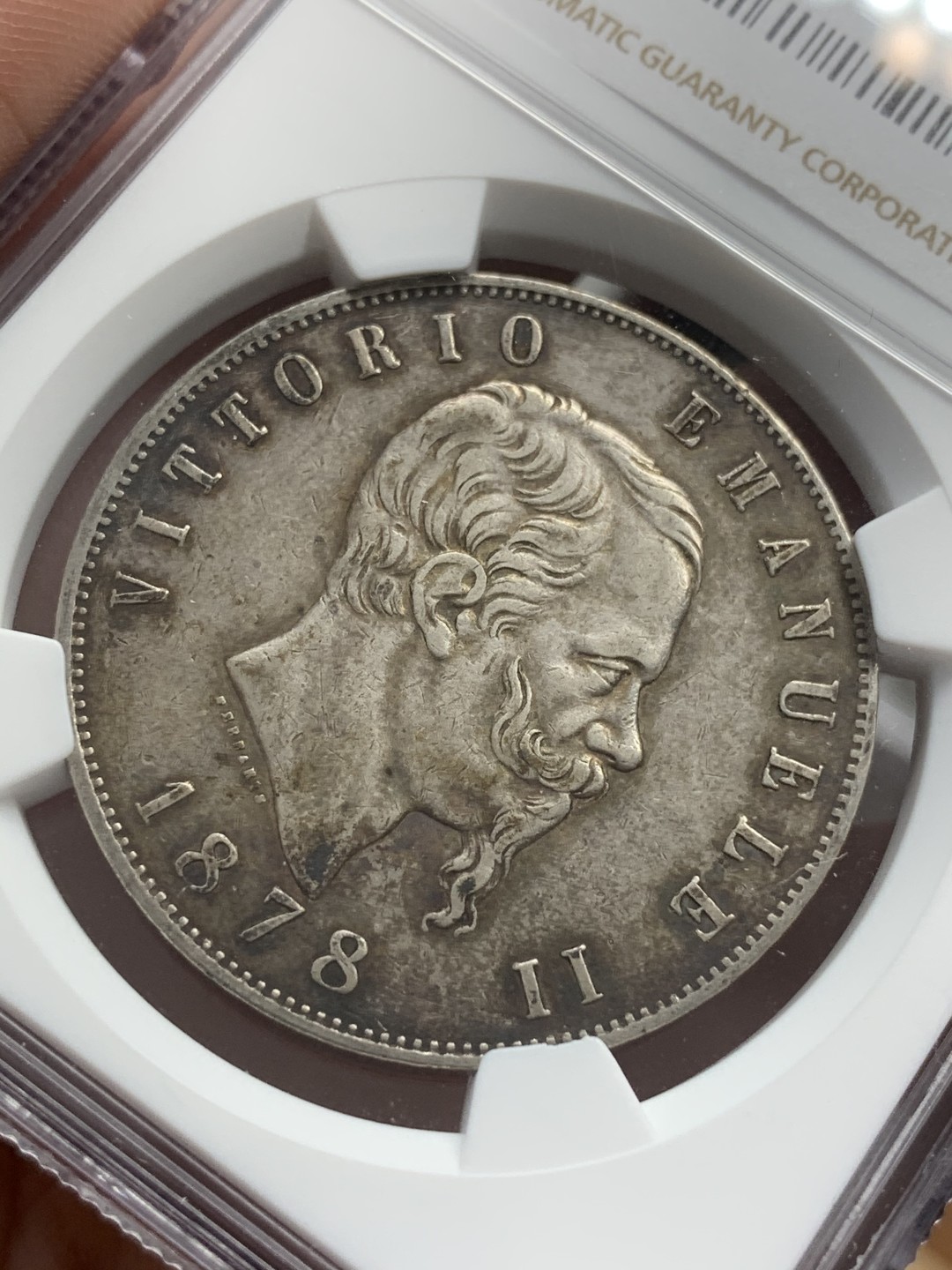 《竞宝斋》第71场-本周日，周一2场连拍（全场不限金额包邮） NGC AU好品相 意大利 1878年埃马努埃莱二世五里拉银币