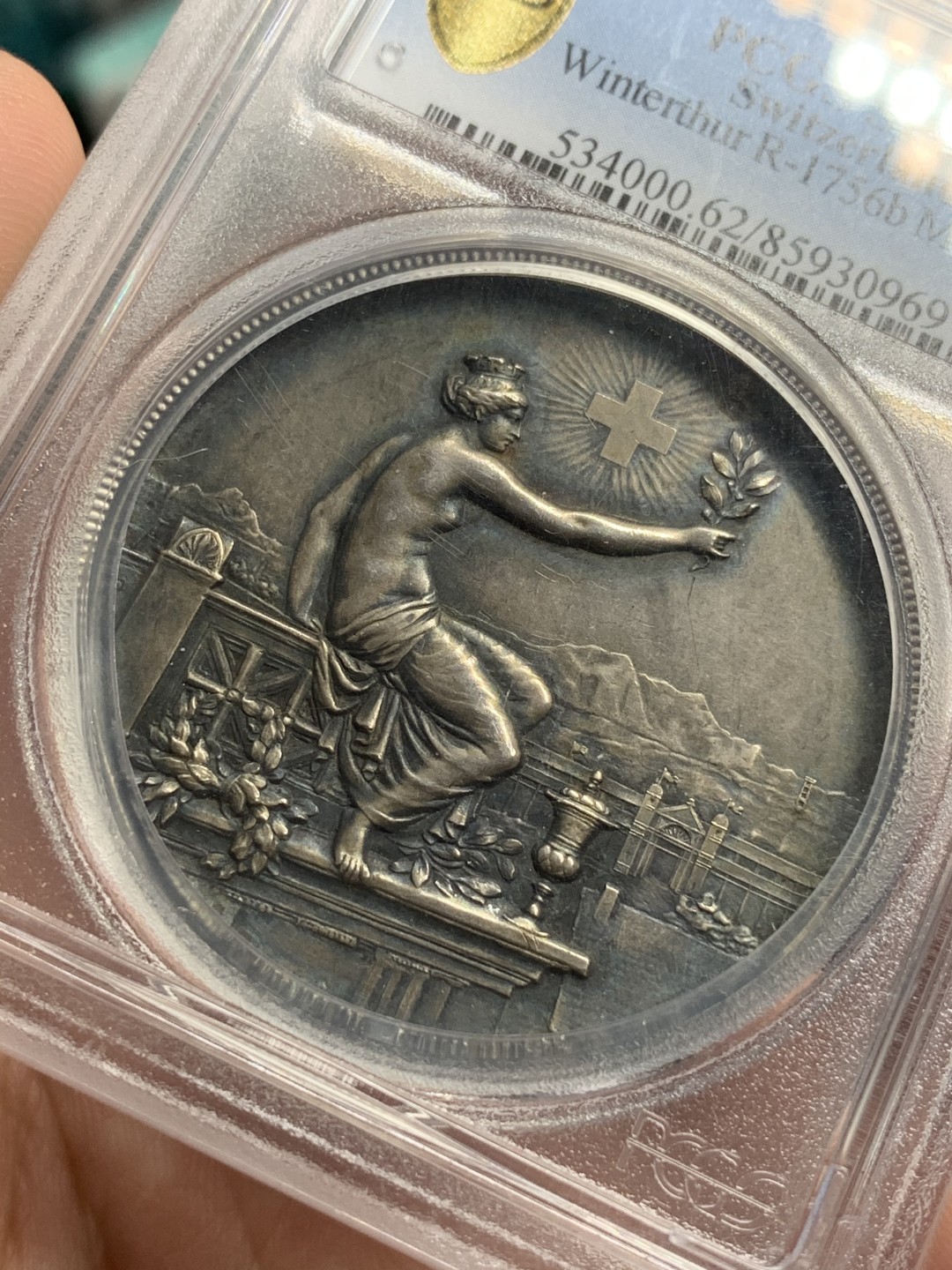 《竞宝斋》第71场-本周日，周一2场连拍（全场不限金额包邮） PCGS SP62 瑞士1895年温特图尔射击节女神大银章 包浆醇美 低评好品好状态