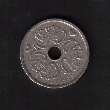 丹麦1994年2克朗 带孔 实物图 