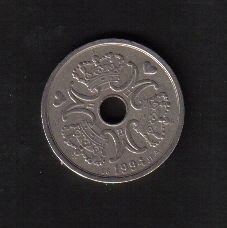 丹麦1994年2克朗 带孔 实物图  - 丹麦1994年2克朗 带孔 实物图 