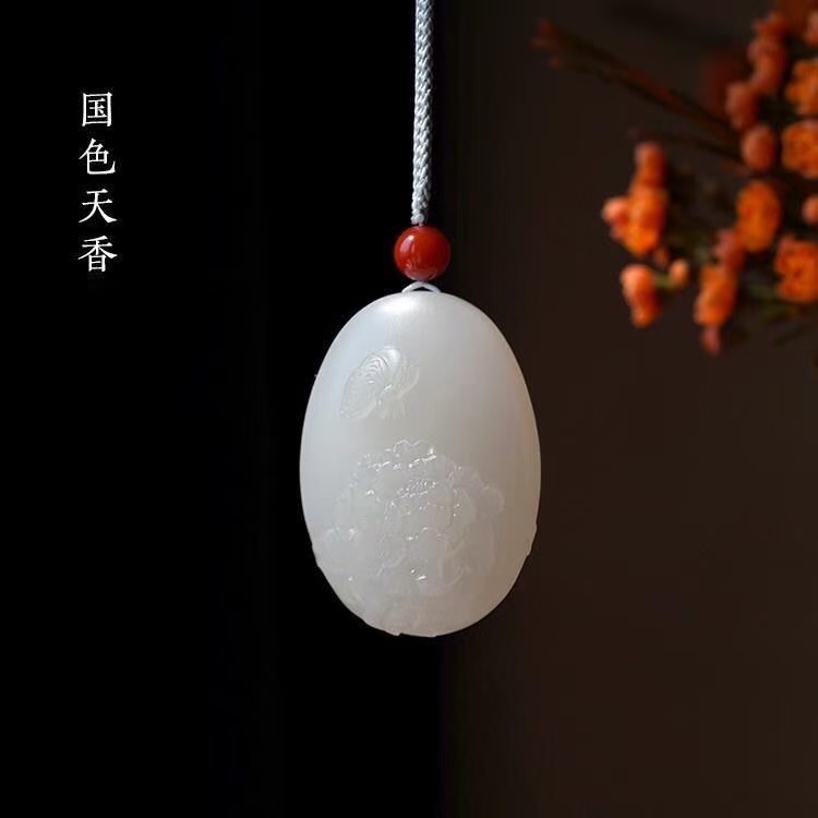 和田玉新品国色天香白玉牡丹挂坠羊脂玉蝶恋花挂件