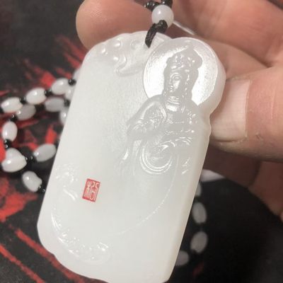 天然新疆和田羊脂白玉色莲花观音菩萨牌子项链吊坠男款赠送挂坠绳 - 天然新疆和田羊脂白玉色莲花观音菩萨牌子项链吊坠男款赠送挂坠绳