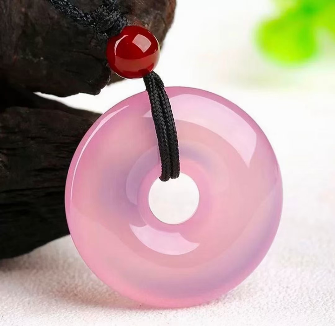 天然巴西粉玛瑙平安扣吊坠卡30mm
