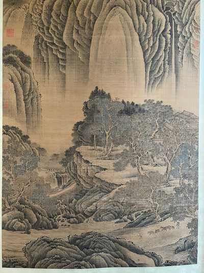 范宽精品丝绢中堂山水画 范宽精品丝绢中堂山水画