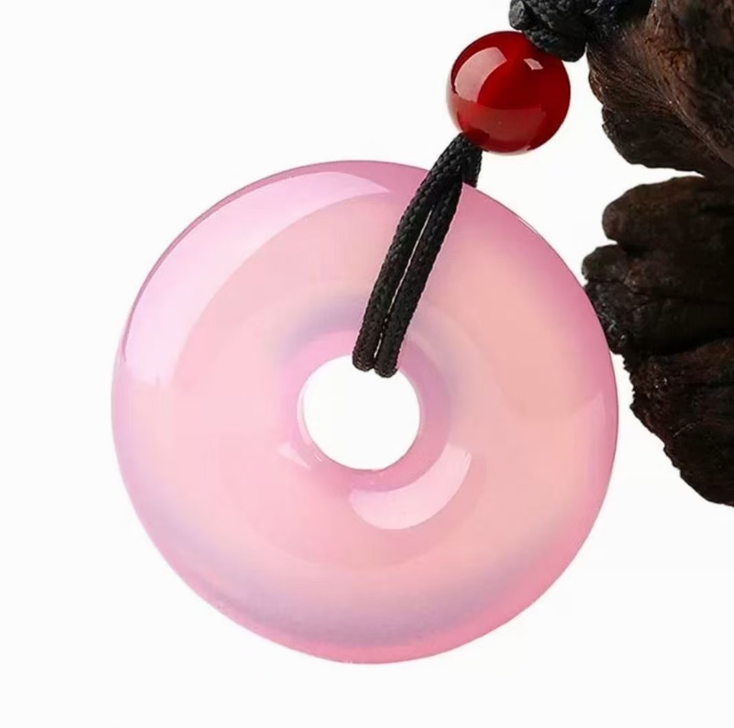 天然巴西粉玛瑙平安扣吊坠卡30mm