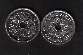 丹麦2007年2克朗 带孔 实物图 UNC       - 丹麦2007年2克朗 带孔 实物图 UNC      
