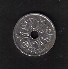 丹麦1992年2克朗 带孔 实物图      - 丹麦1992年2克朗 带孔 实物图     