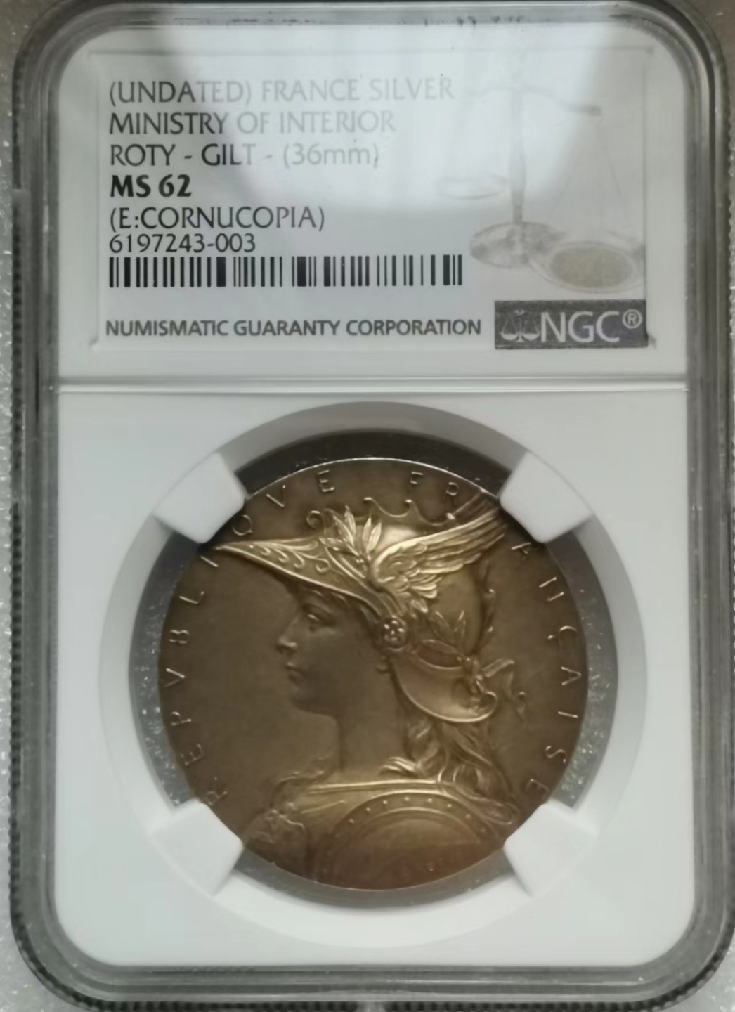 瓶子🏺第46期拍卖会 法国19世纪罗蒂版戎装玛丽安娜镀金银章