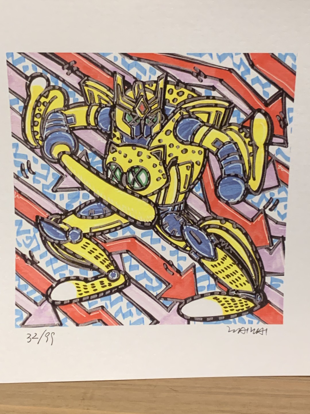 零元拍：歪歪亲笔签名 OWSON系列限量插画复制画《变形金刚系列：黄豹》，尺寸约22/22厘米，拍品不含镜框