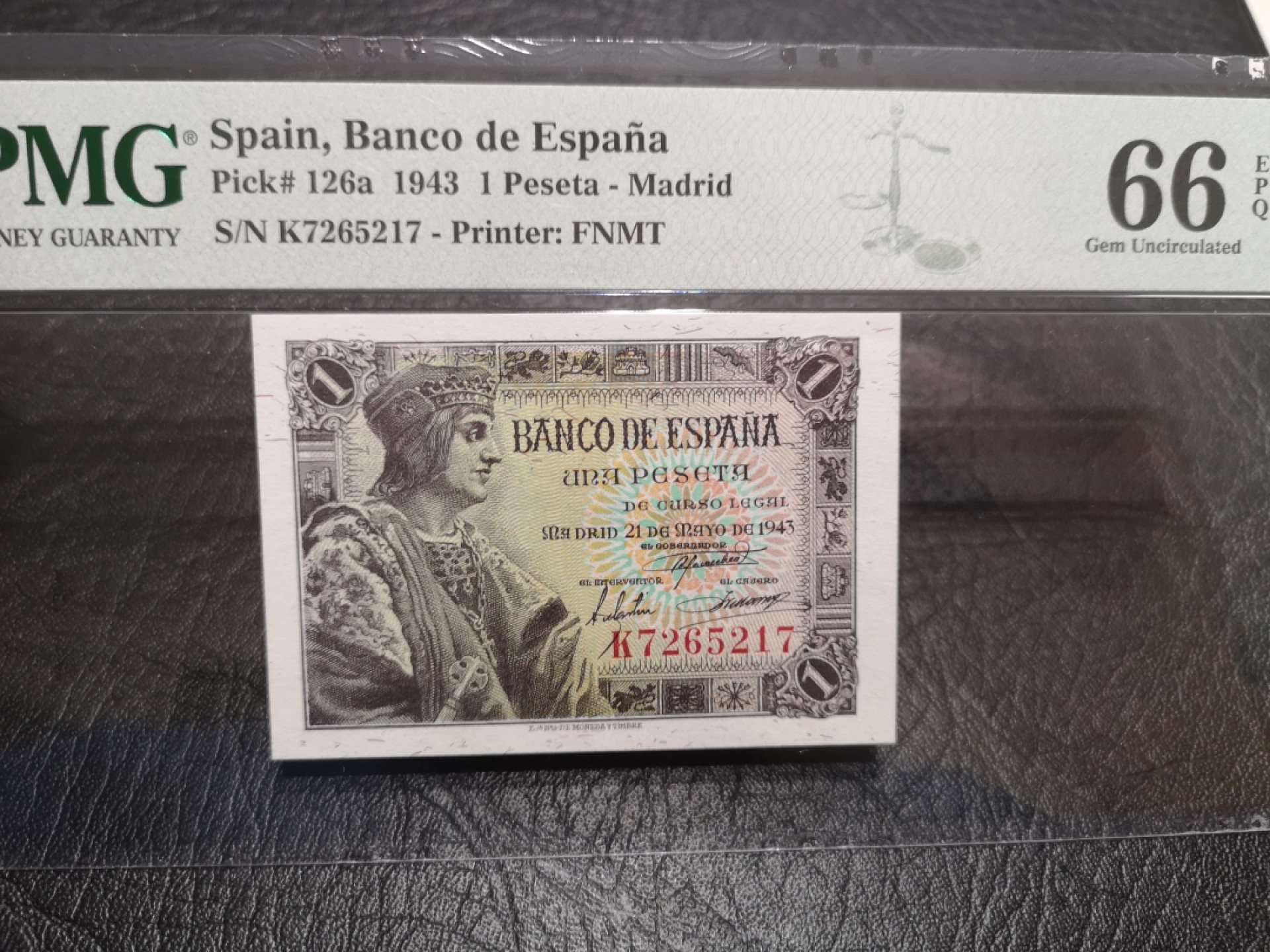《外钞收藏家》第一百八十七期（本期71件） 1943年西班牙1比塞塔 PMG66
