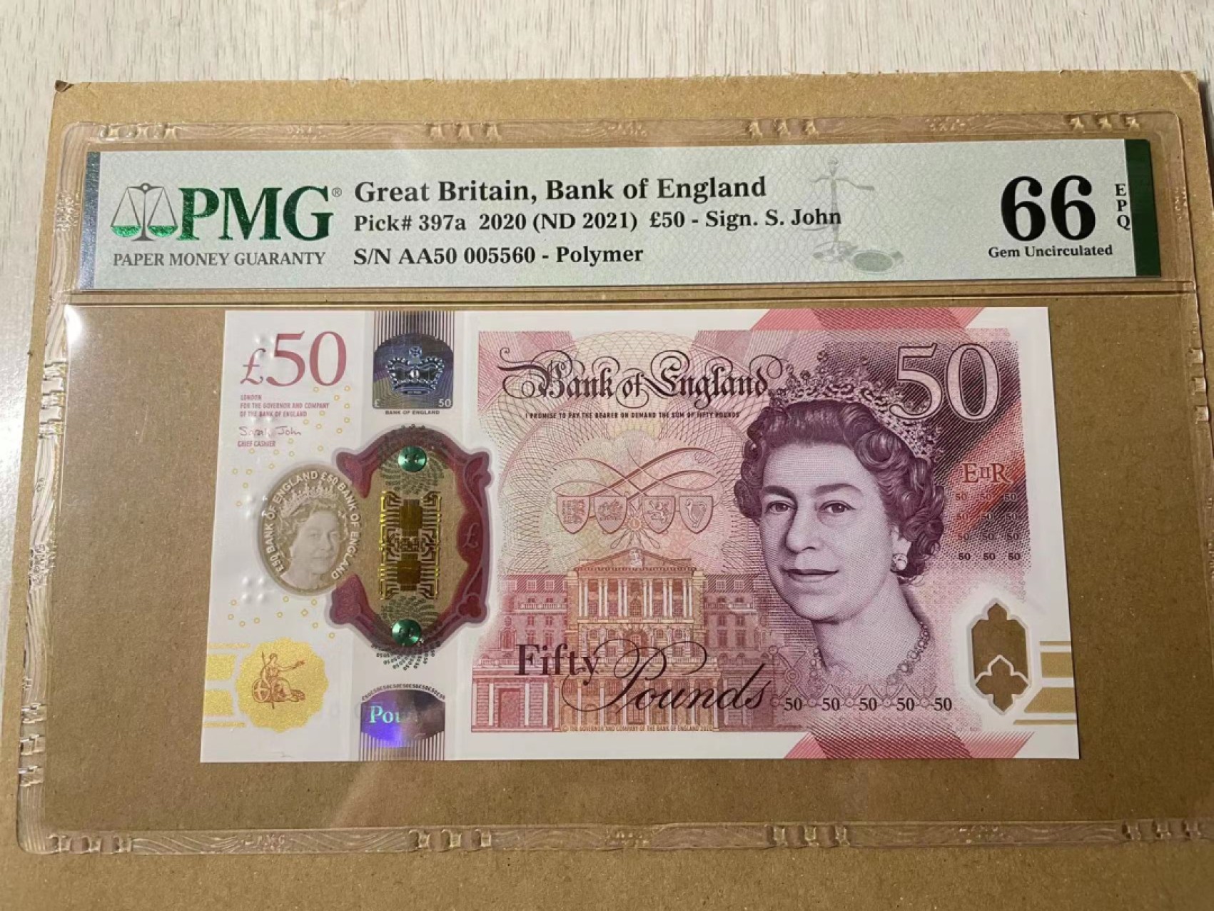 新纪元！【Blue Auction】✨世界纸币精拍第201期【精】   【005560】英国 2020年50镑 PMG66EPQ 