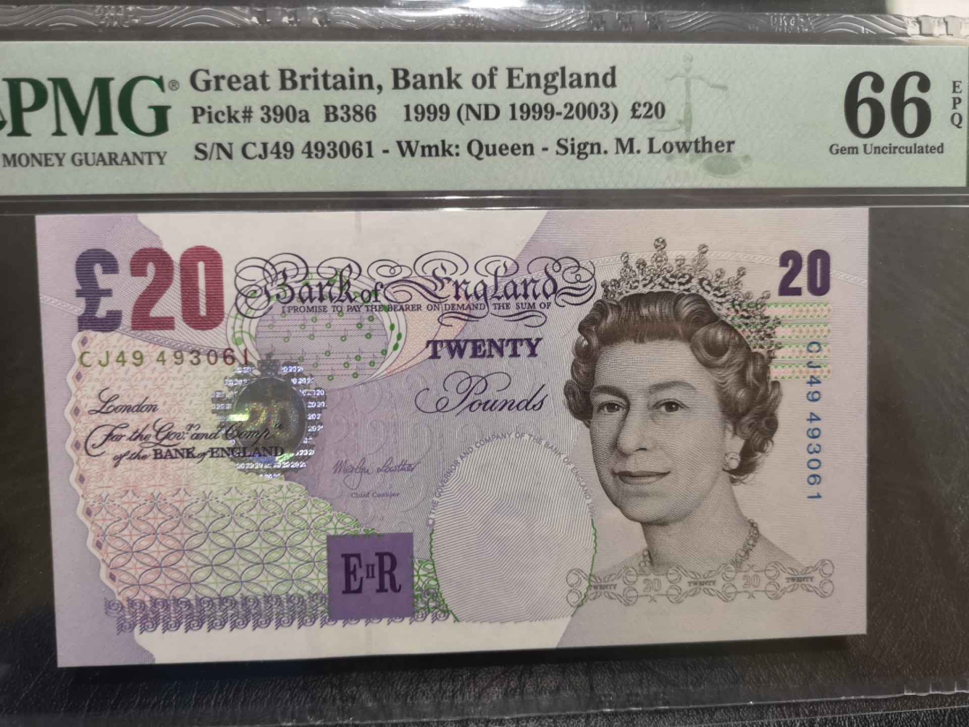 《外钞收藏家》第一百八十七期（本期71件） 1999年英国E序列20镑 PMG66