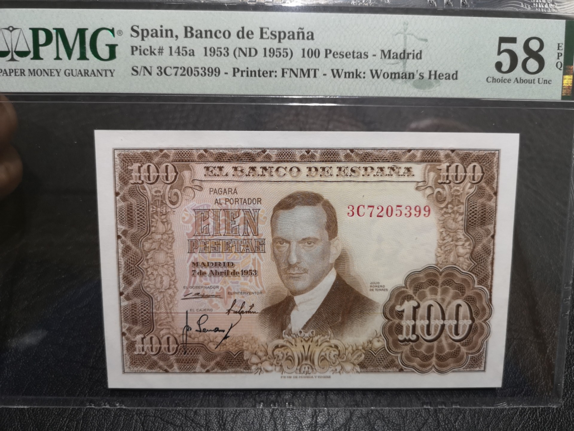 《外钞收藏家》第一百八十七期（本期71件） 1953年西班牙100比塞塔 PMG58