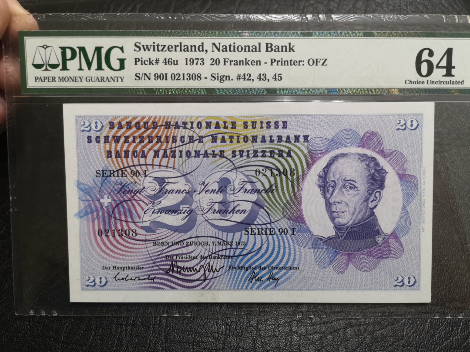 《外钞收藏家》第一百八十七期（本期71件） 1973年瑞士20法郎 PMG64 无47