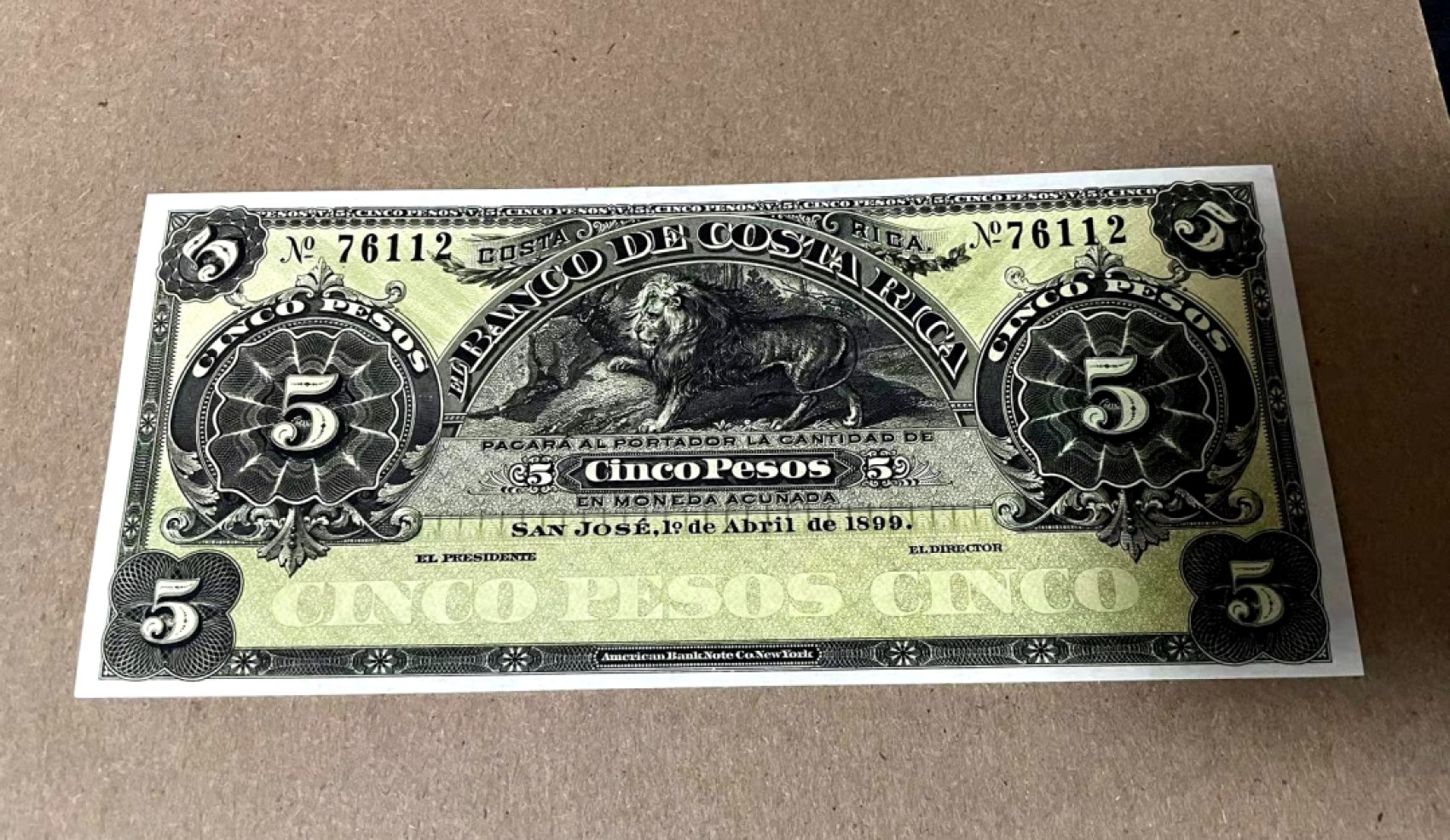 新纪元！【Blue Auction】✨世界纸币精拍第201期【精】   【百年风云】哥斯达黎加 1899年5克朗 狮子 美钞公司出品 雕刻精美 全新UNC