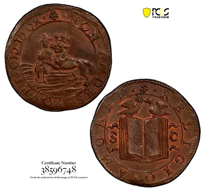 PCGS-AU58,唯一冠军,稀有1610荷兰jeton,多德雷赫特(dordrecht)代币,巧克力包浆状态非常好,背面学院徽章,正面两只wolf