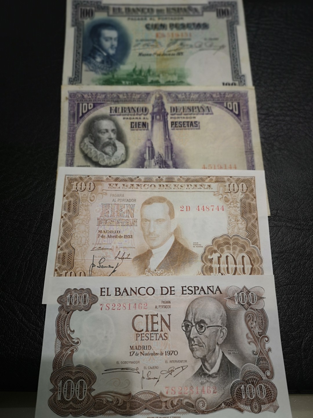 《外钞收藏家》第一百八十七期（本期71件） 西班牙100比塞塔四张 两张近全新如测光图 上面两张老版流通品相