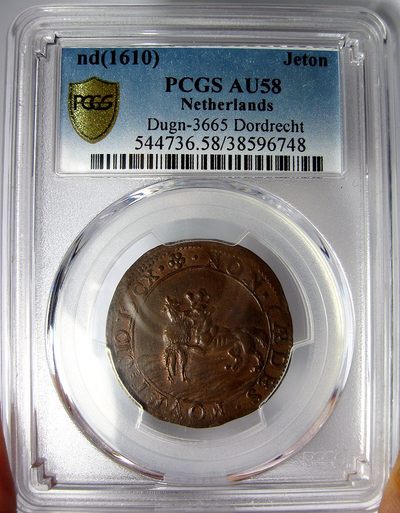 PCGS-AU58,唯一冠军,稀有1610荷兰jeton,多德雷赫特(dordrecht)代币,巧克力包浆状态非常好,背面学院徽章,正面两只wolf - PCGS-AU58,唯一冠军,稀有1610荷兰jeton,多德雷赫特(dordrecht)代币,巧克力包浆状态非常好,背面学院徽章,正面两只wolf