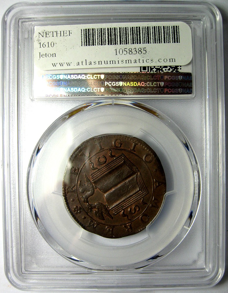 PCGS-AU58,唯一冠军,稀有1610荷兰jeton,多德雷赫特(dordrecht)代币,巧克力包浆状态非常好,背面学院徽章,正面两只wolf