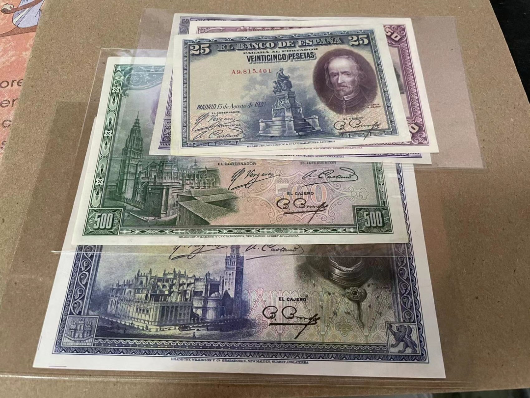 新纪元！【Blue Auction】✨世界纸币精拍第201期【精】   【一组5张】西班牙 1928年25-1000比塞塔 品相如图 BWC出品 大方块 